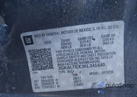 2019 GMC Terrain Sle из США, поврежденный, VIN 3GKALTEX3KL341440